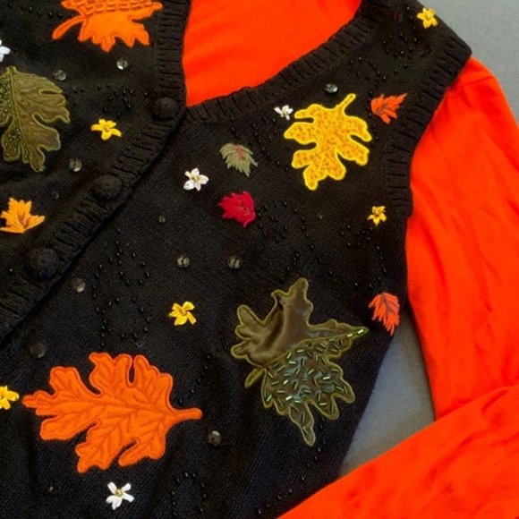 Ugly Halloween Vest Turtleneck Owl Leaf Orange Black Leaves Red Yellow Green - Picture 4 of 12